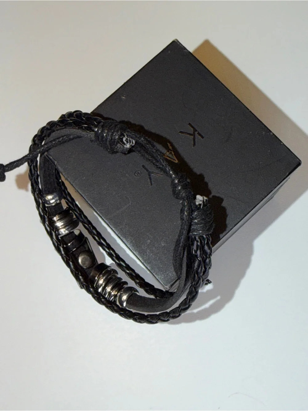 Men's Black Braided Leather Bracelet with Metallic Accents